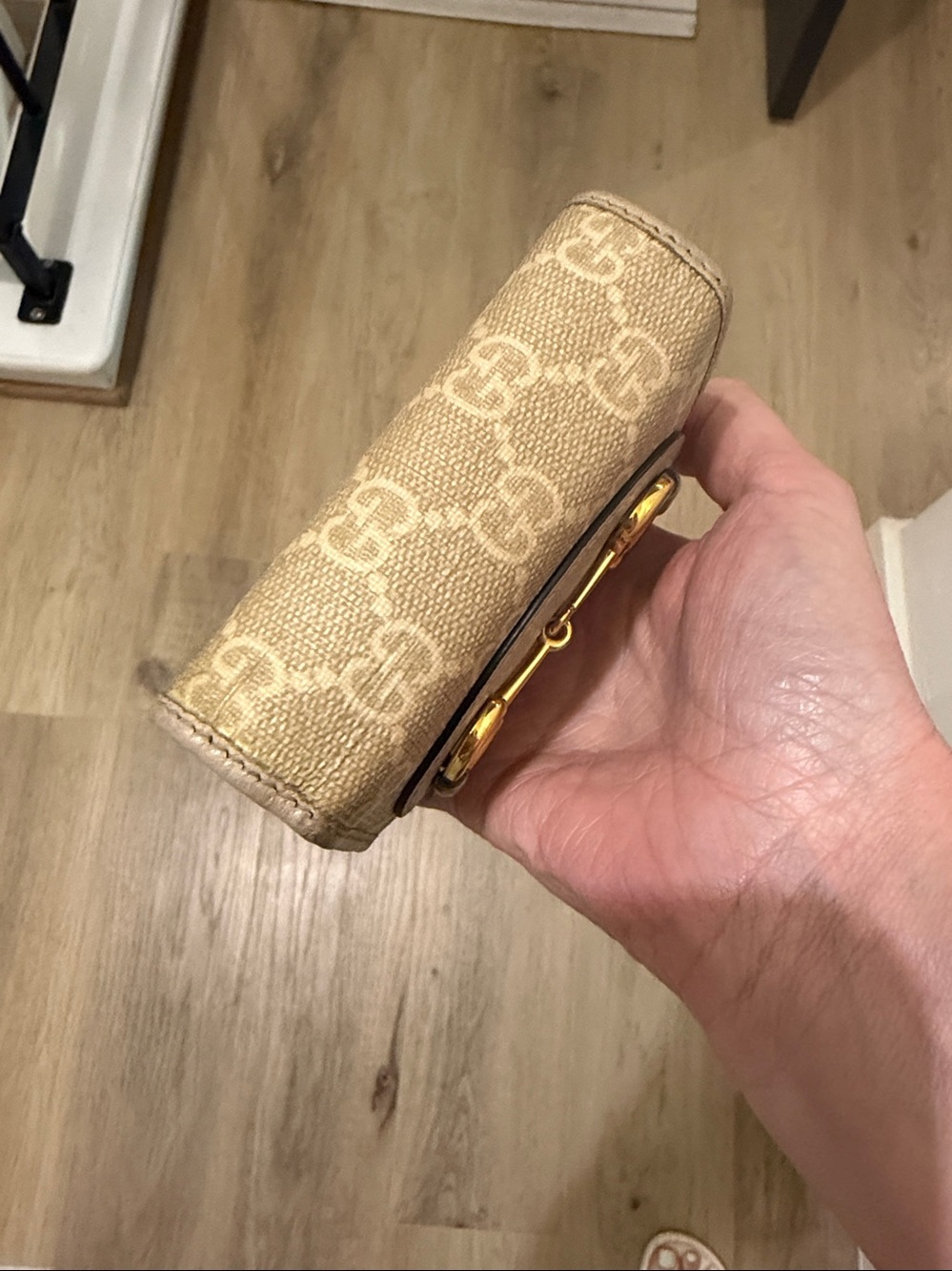 Gucci Beige GG Canvas and Champagne Leather Mini Wallet with Gold Horsebit - Picture 6 of 7